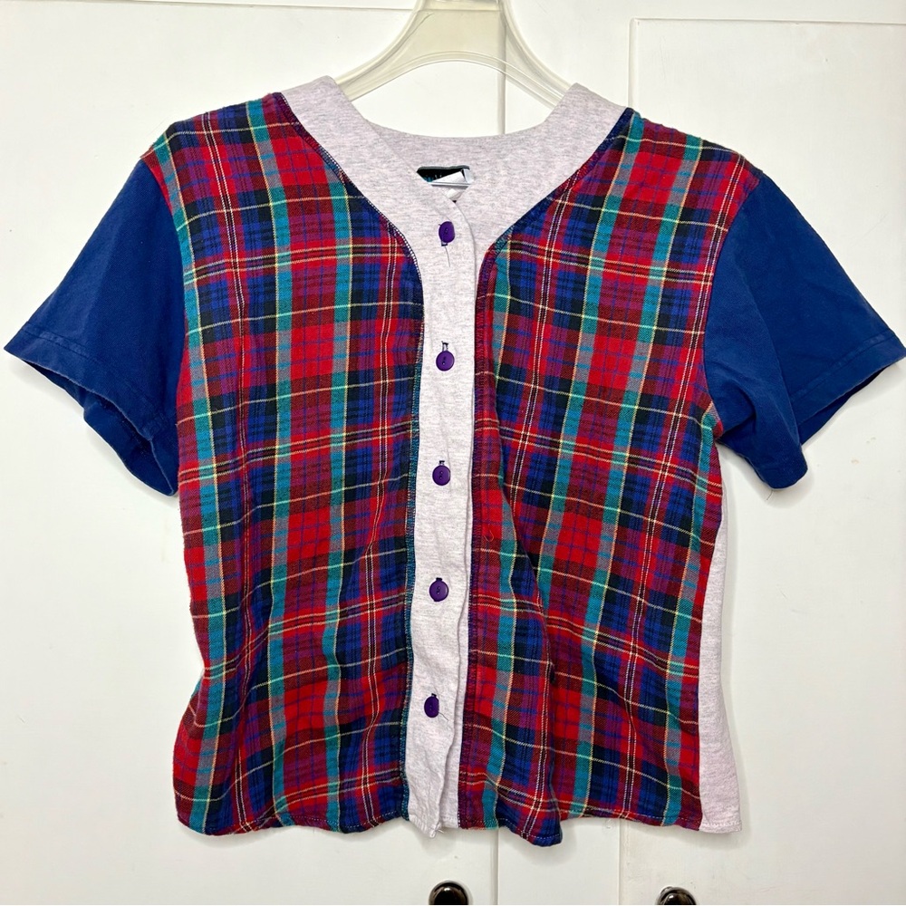 Vintage 90s Cotton Flannel Baseball Jersey Crop T Shirt